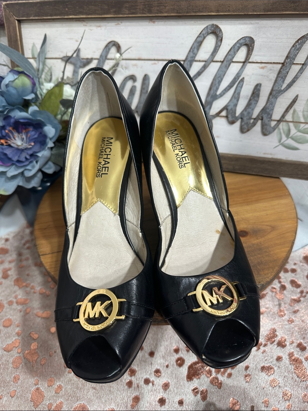 Michael Kors Black Peep-Toe Pumps with Gold MK Accent